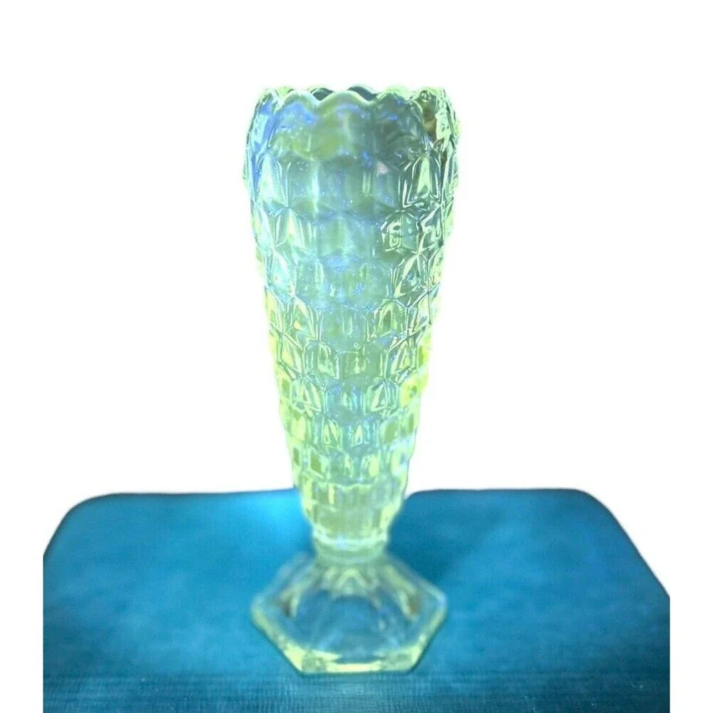 Vintage Fostoria American Cubist Bud Vase Cupped Clear Glass MCM UV Light React